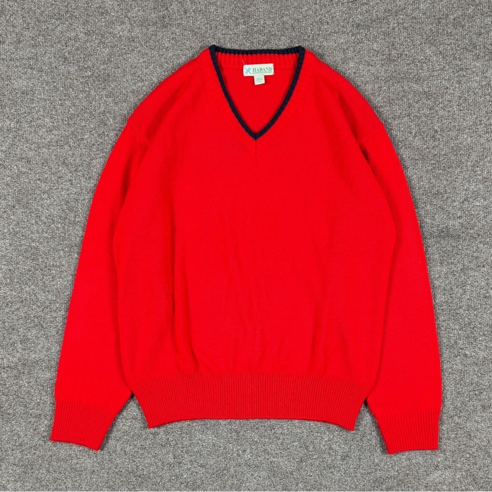 Vintage Haband Red V-Neck Pullover Sweater Men’s XL Preppy Navy Trim Retro 90s
